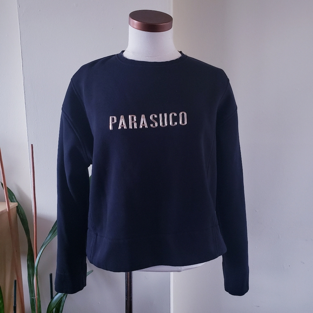 PARASUCO Fleece Lined Boxy Cropped Crewneck Sweater - Black L